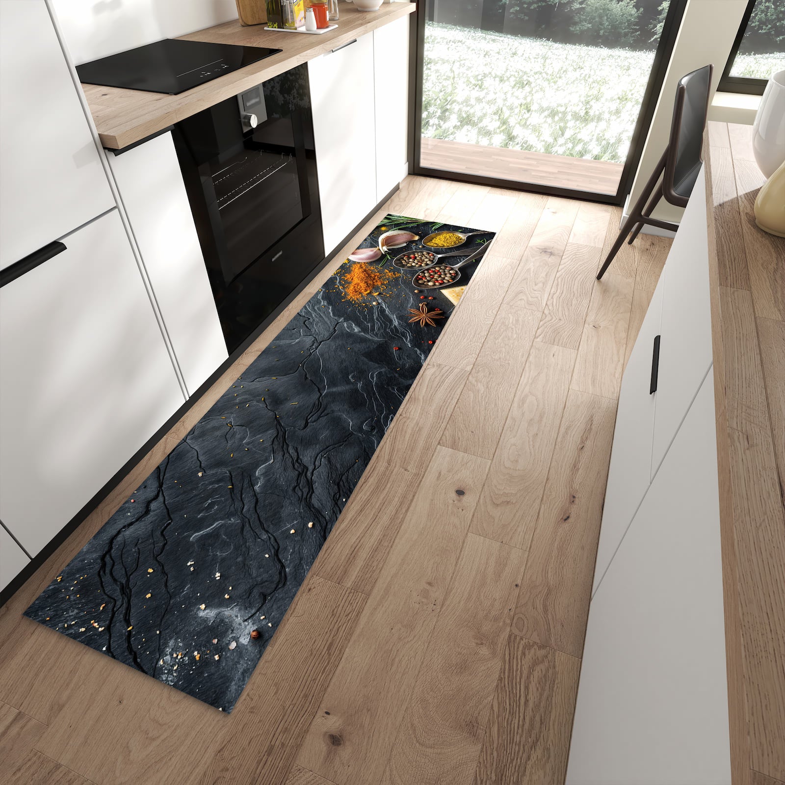 Hygienischer Küchenteppich mit Motiv Küche Zutaten in moderner Küche - waschbar