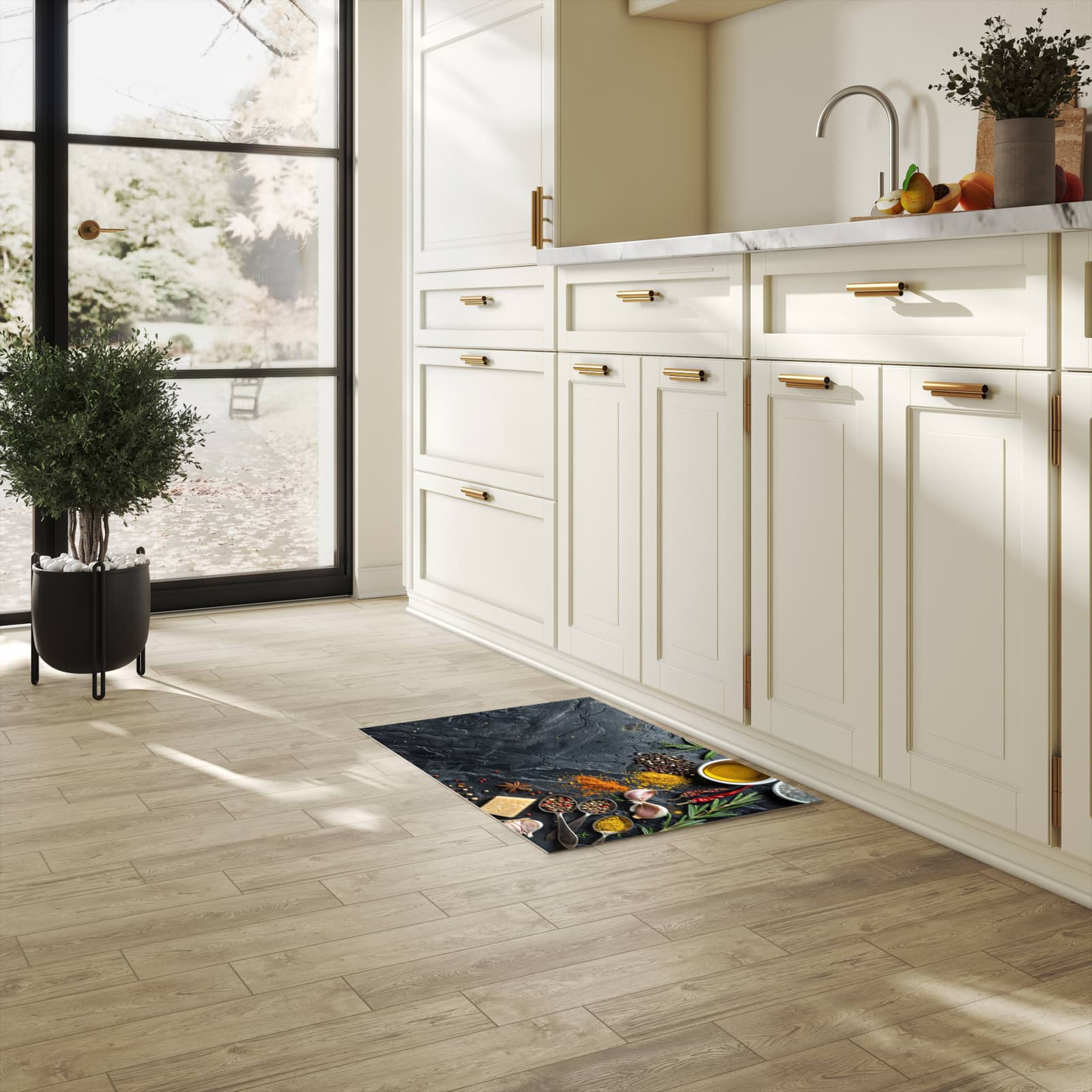 Rutschfester Küchenteppich mit Motiv Küche Zutaten in heller Küche für sicheren Stand