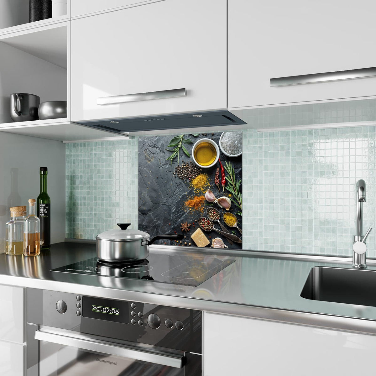 Küchenrückwand Gewürze und Olivenöl aus Glas – Gewürze und Kräuter auf Grau