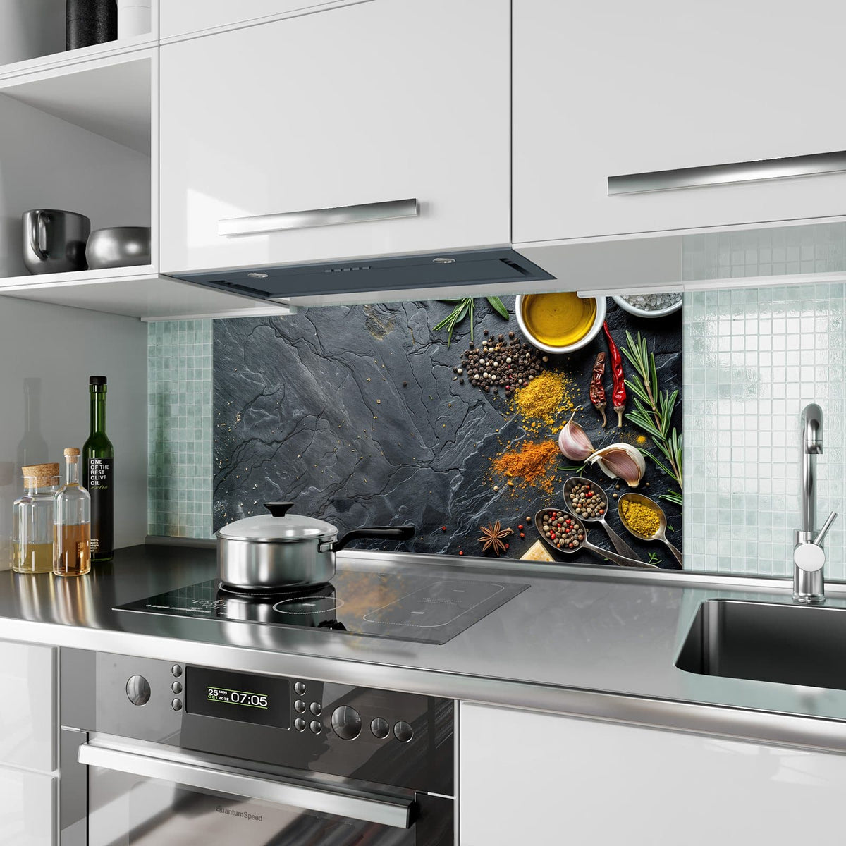 Küchenrückwand aus Glas Gewürze und Olivenöl im Hochformat als Spritzschutz hinter dem Kochfeld, über dem Fliesenspiegel montiert