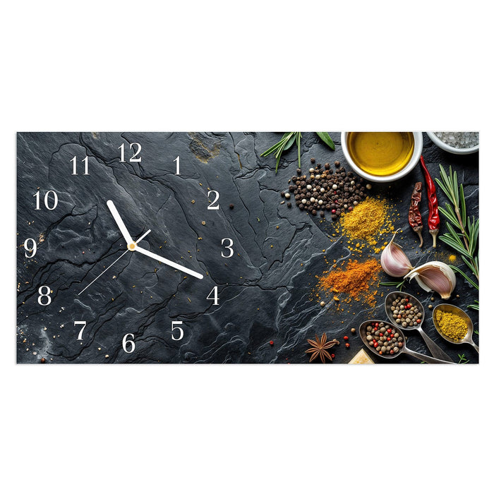 Wanduhr Küche Zutaten aus Glas – Querformat 60 × 30 cm mit Ziffernblatt Klassisch
