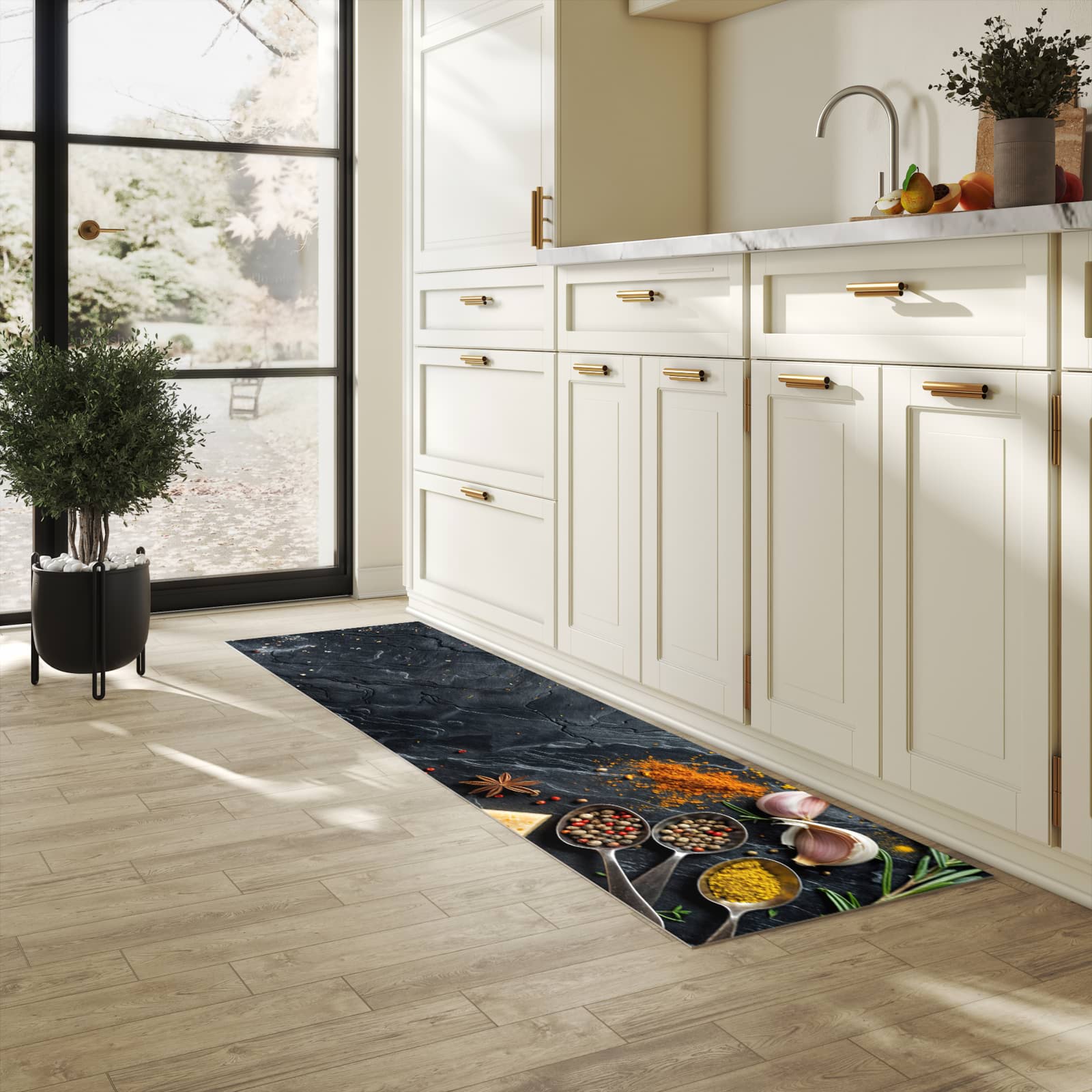 Bodenschonender waschbarer Küchenteppich mit Motiv Küche Zutaten in heller Küche