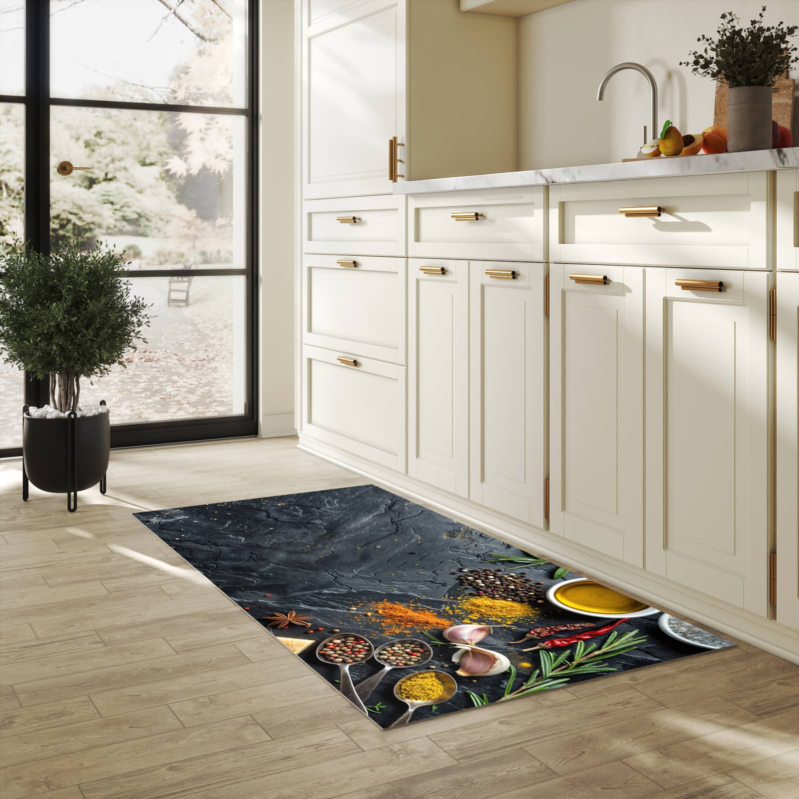 Rutschfester Küchenläufer mit Motiv Küche Zutaten für Trittkomfort in heller Küche