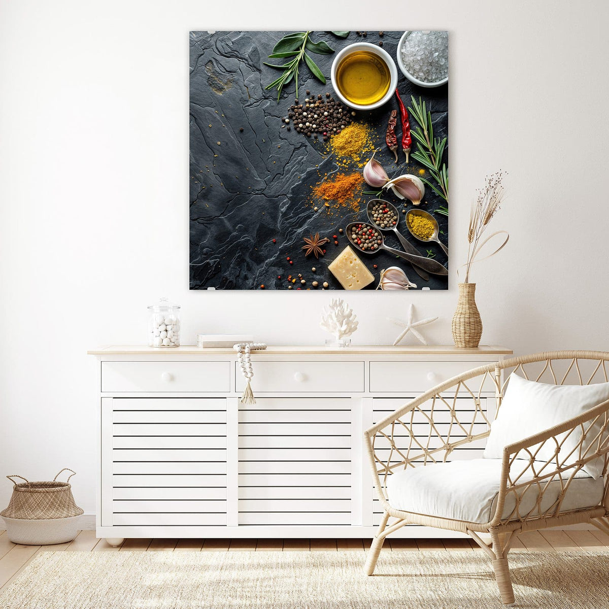 Echtglas, 4 mm – kein Acryl, keine Folie – Wandbild - Gewürze und Olivenöl - Quadratisch