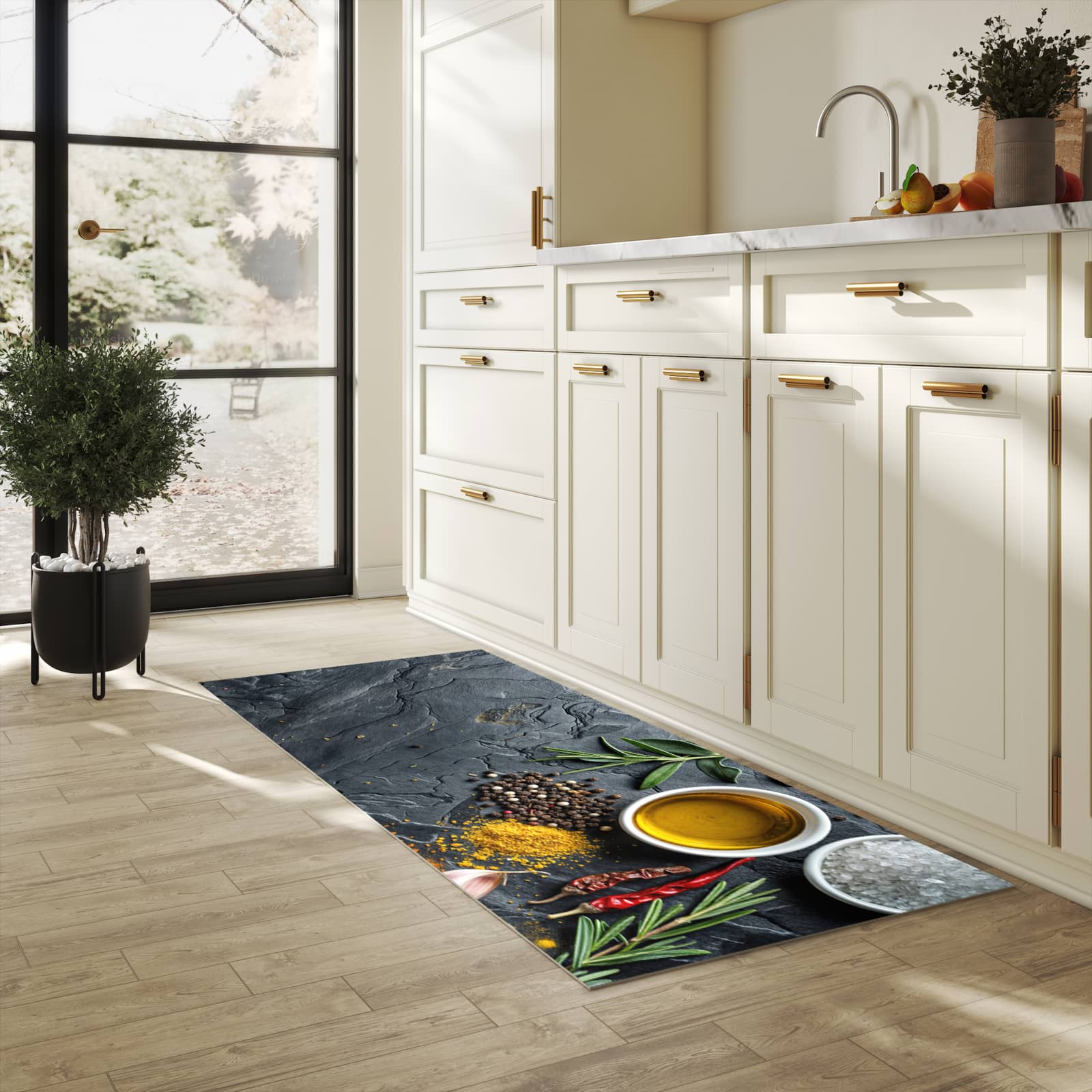 Zeitsparender waschbarer Küchenteppich mit Motiv Küche Zutaten in heller Küche