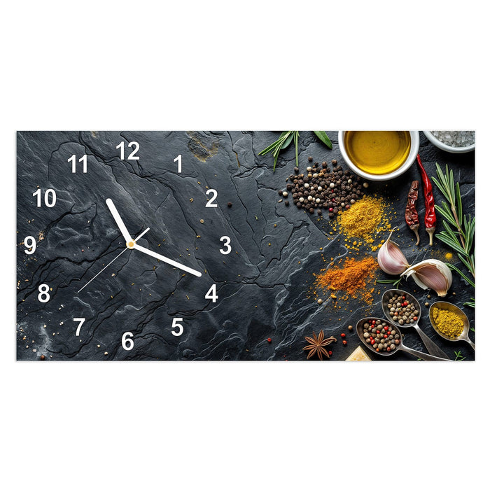 Wanduhr Küche Zutaten aus Glas – Querformat 60 × 30 cm mit Ziffernblatt Modern