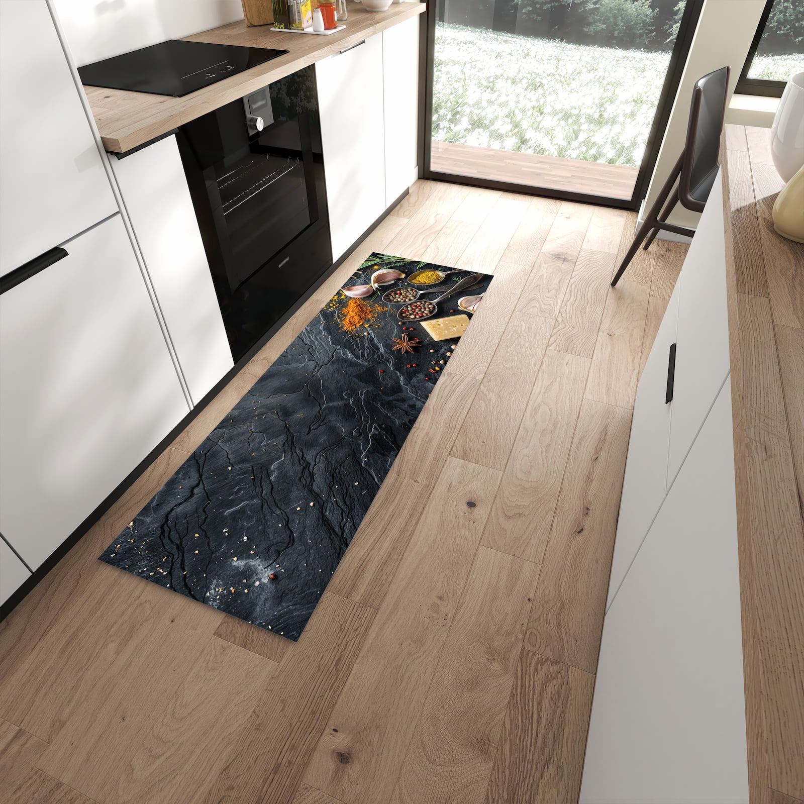 Küchenvorleger mit Motiv Küche Zutaten für angenehme Haptik in moderner Küche