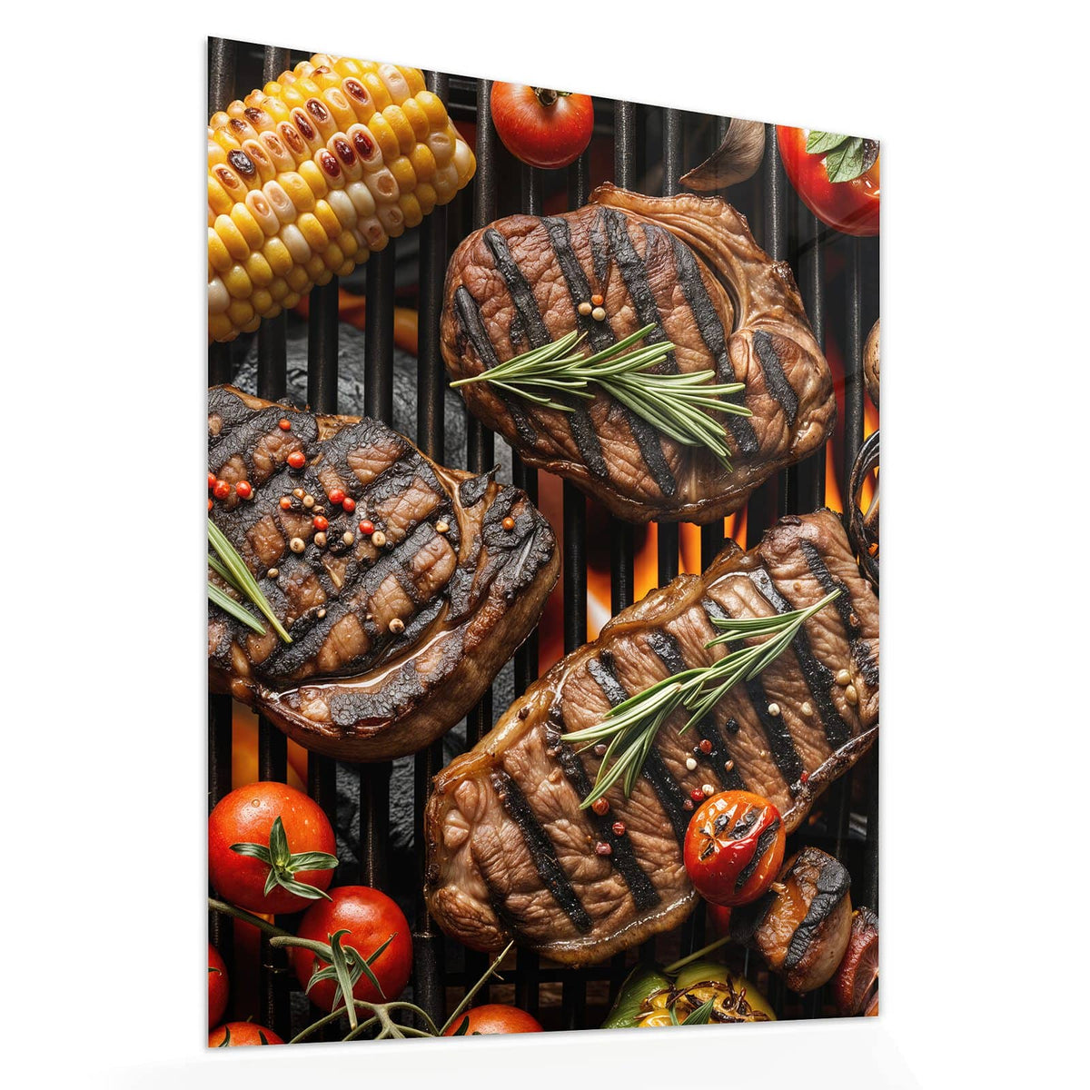 Echtglas, 4 mm – kein Acryl, keine Folie – Wandbild - Steaks und Grillgemüse - Hochformat