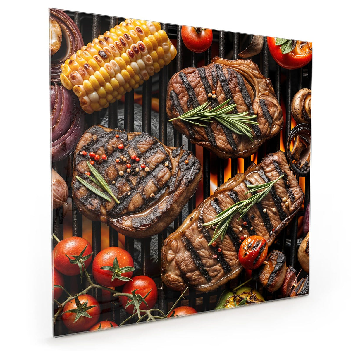 Küchenrückwand aus Glas im quadratischen Format: Drei Steaks mit Rosmarin auf dem Grillrost, dazu Maiskolben, Tomaten, Champignons und rote Zwiebeln #grösse_40 x 40 cm #grösse_50 x 50 cm #grösse_60 x 60 cm
