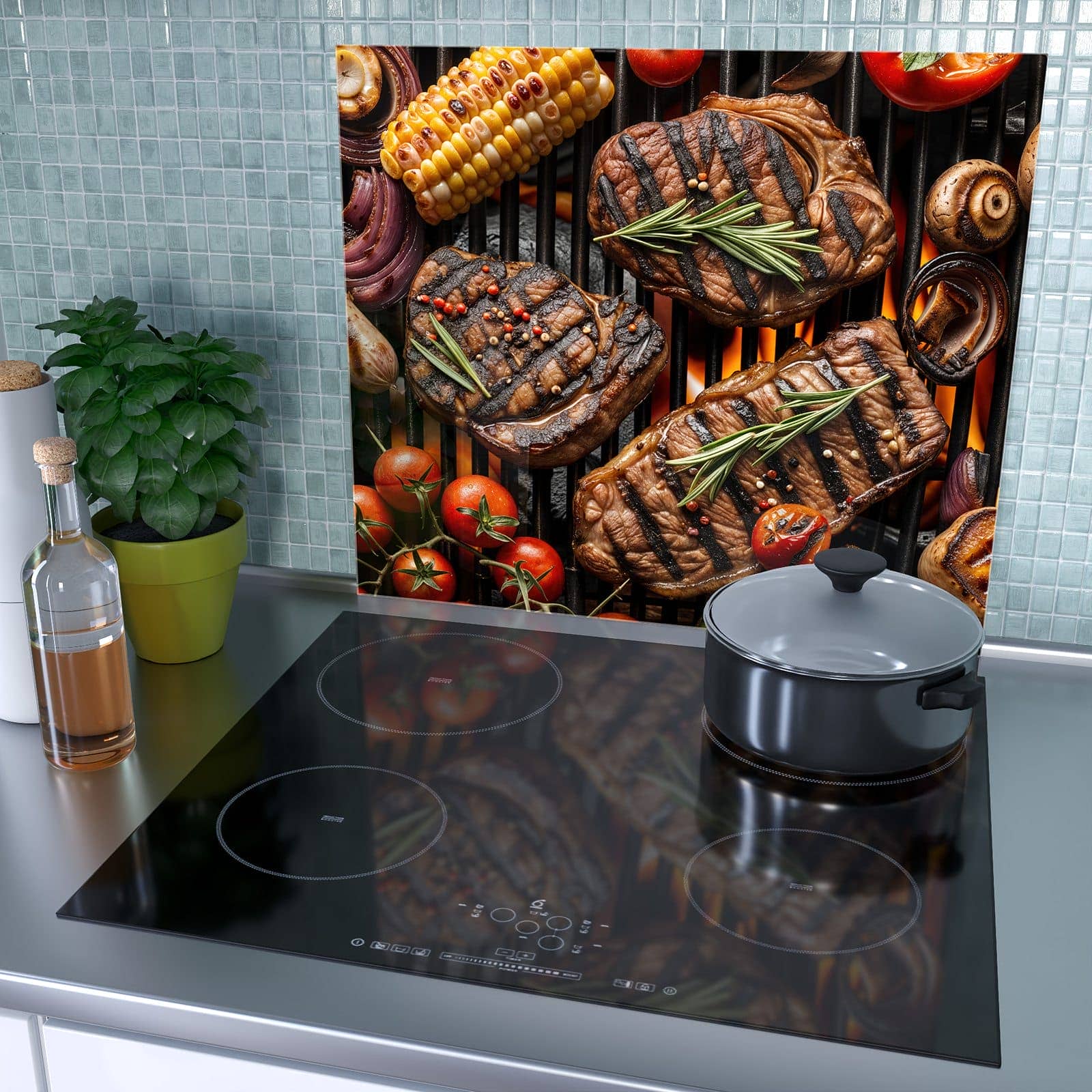 1-teilige Herdabdeckplatten aus Glas mit Sanfte Grillplatte-Motiv als Spritzschutz hinter dem Kochfeld