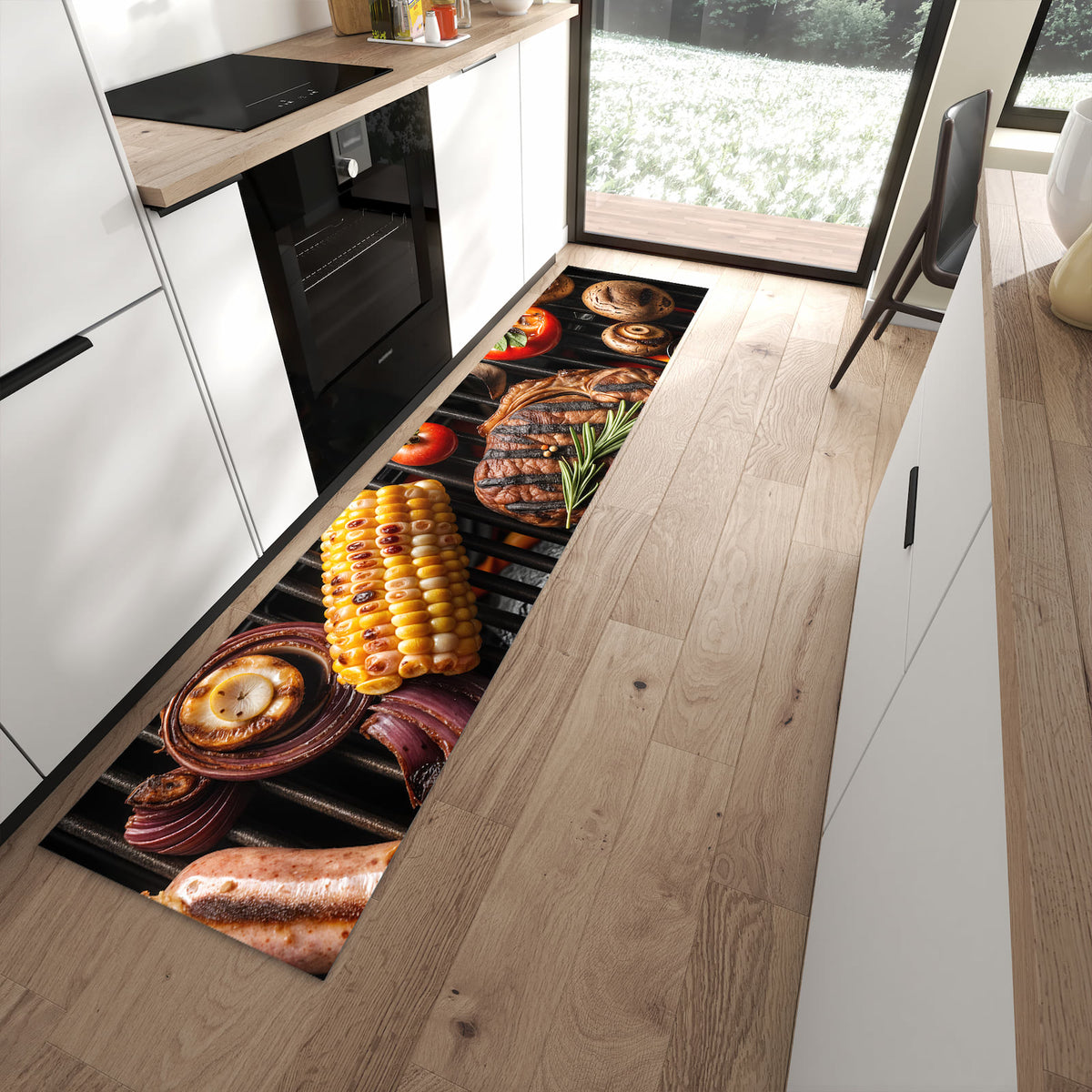 Komfortabler Küchenteppich mit Motiv Sanfte Grillplatte in moderner Küche