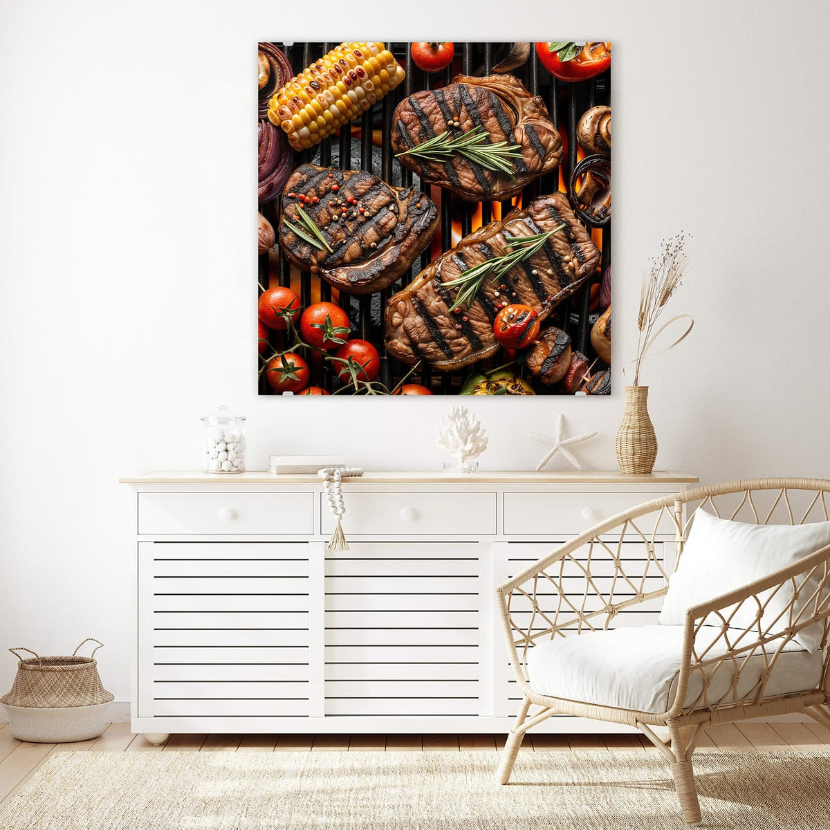 Echtglas, 4 mm – kein Acryl, keine Folie – Wandbild - Steaks und Grillgemüse - Quadratisch