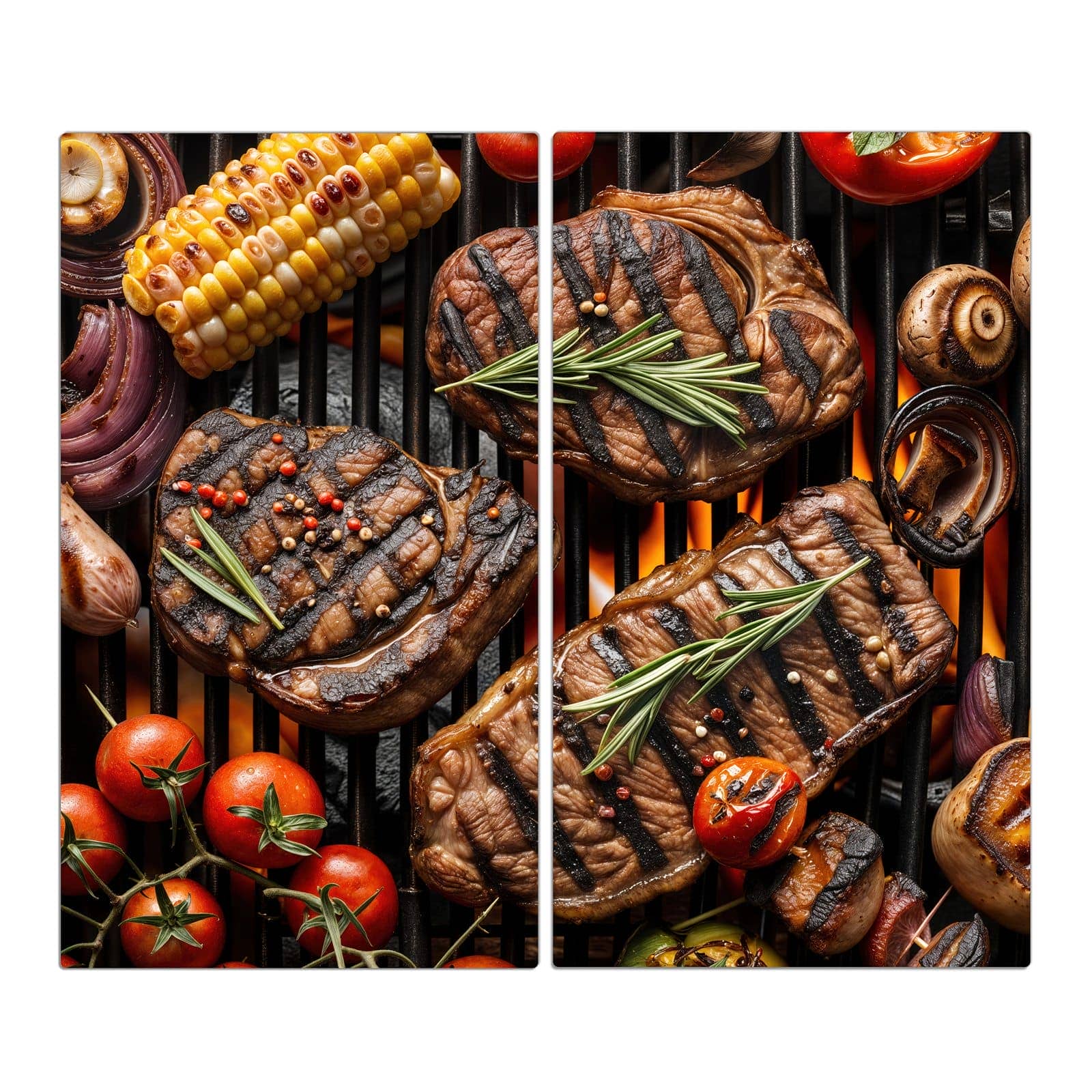 2-teilige Abdeckung für Herdplatten mit Sanfte Grillplatte-Motiv in der Frontansicht #grösse_2-Teilig (60x52cm)