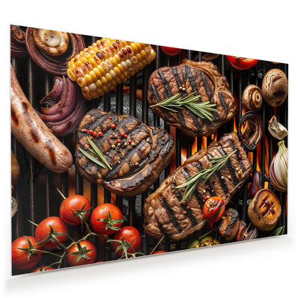 Wandbild mit dem Motiv Steaks und Grillgemüse