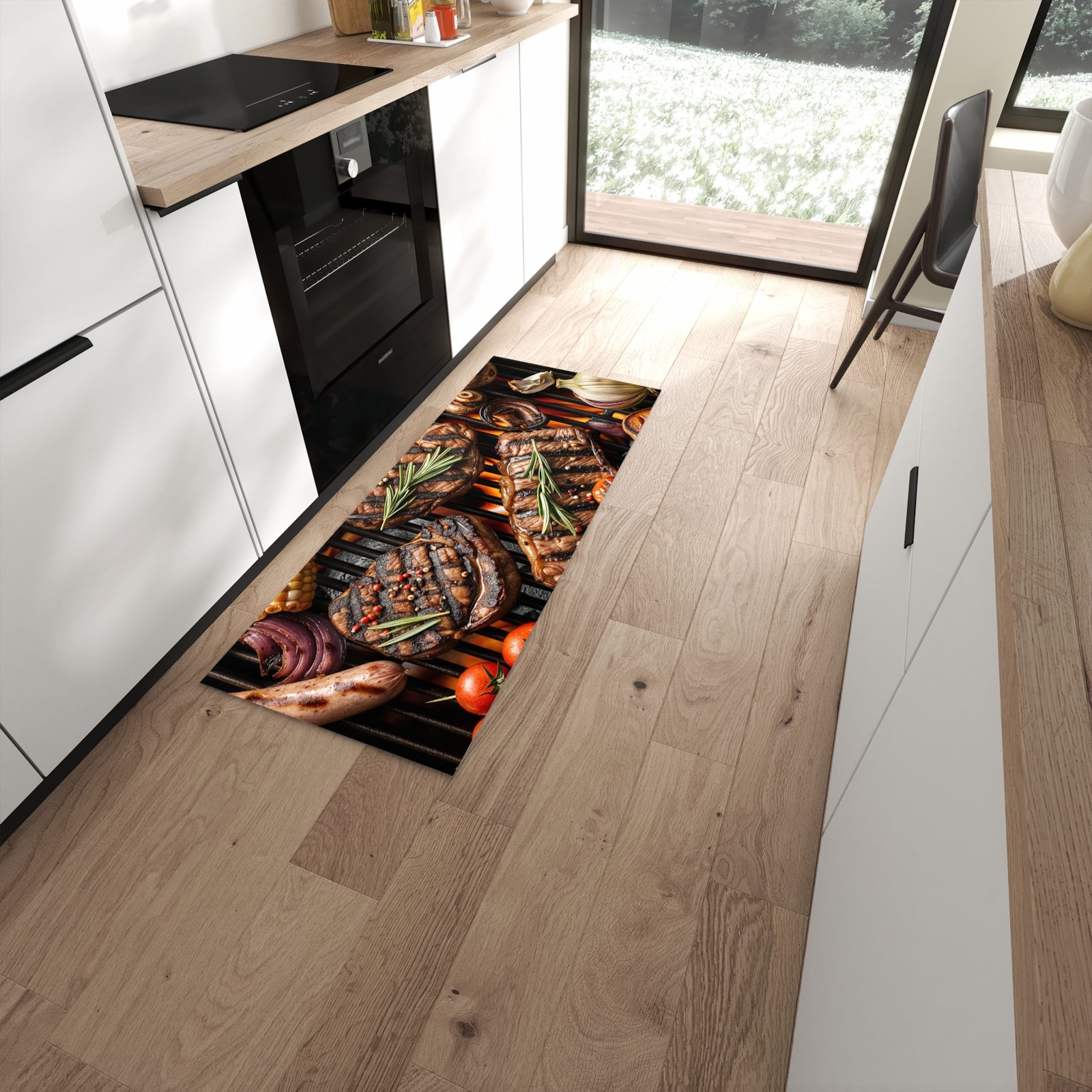 Geräuschdämpfender abwaschbarer Küchenläufer mit Motiv Sanfte Grillplatte in moderner Küche #grösse_60 x 150 cm