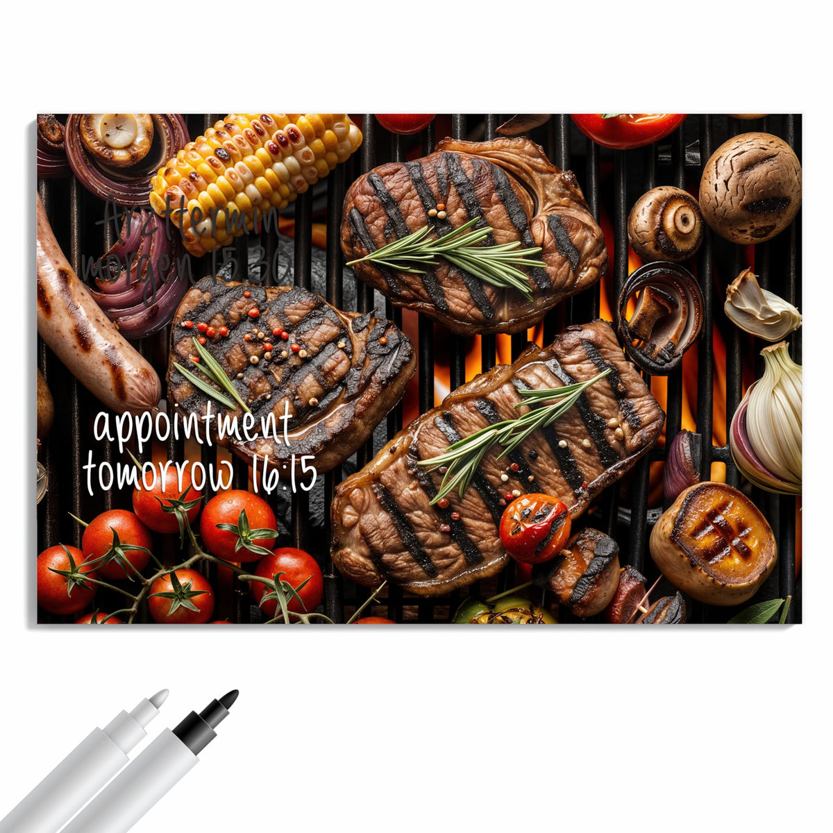 Beschreiben, abwischen, anheften – Metall Magnettafel - Steaks und Grillgemüse