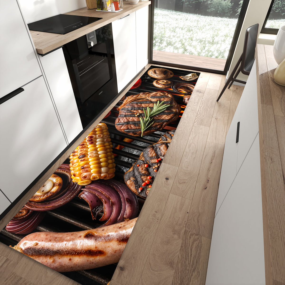 Flacher Küchenteppich mit Motiv Sanfte Grillplatte in moderner Küche