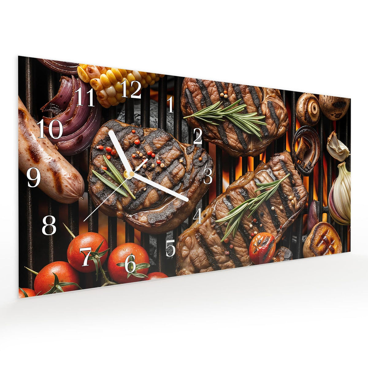Vormontiert – mit Schwebeeffekt – Wanduhr Sanfte Grillplatte aus Glas – Querformat 60 × 30 cm