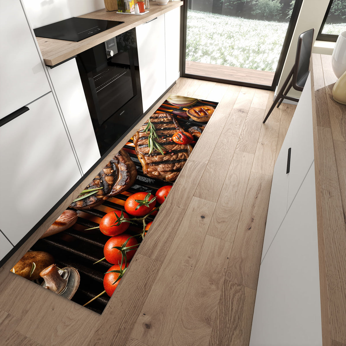 UV-beständiger Küchenteppich mit Motiv Sanfte Grillplatte in moderner Küche