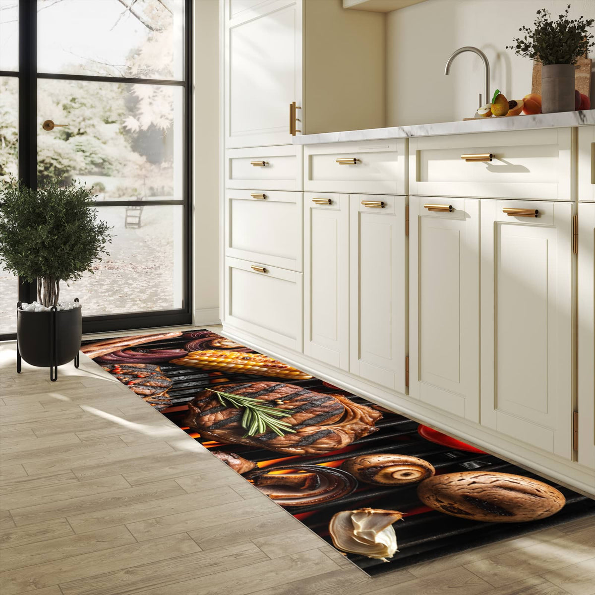 Waschbarer Bodenläufer Teppich mit Motiv Sanfte Grillplatte in heller Küche