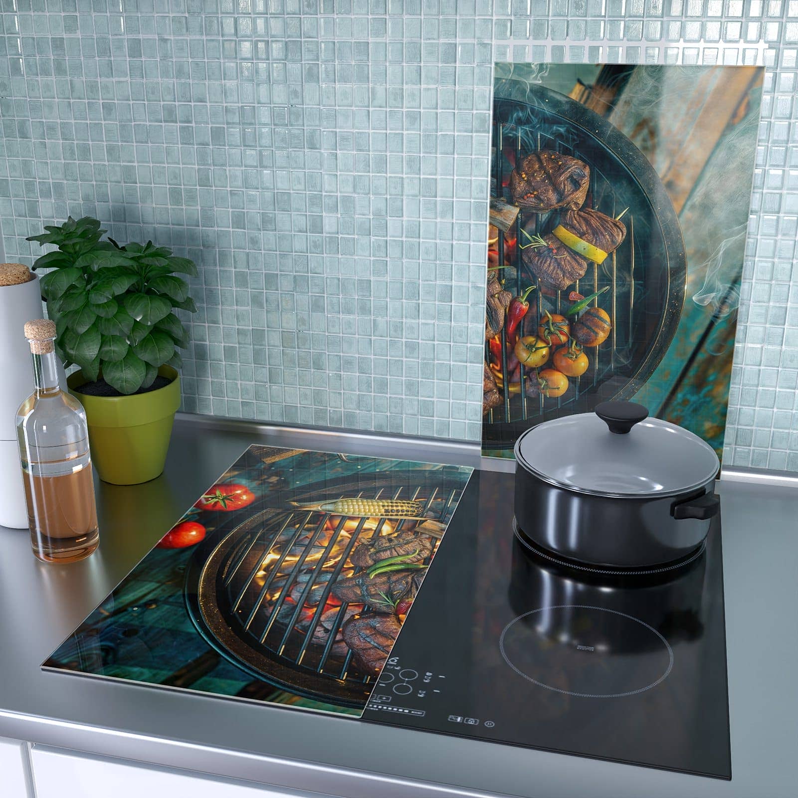 2-teilige Herdabdeckplatte mit Sommergrillfest-Motiv als Spritzschutz hinter dem Kochfeld
