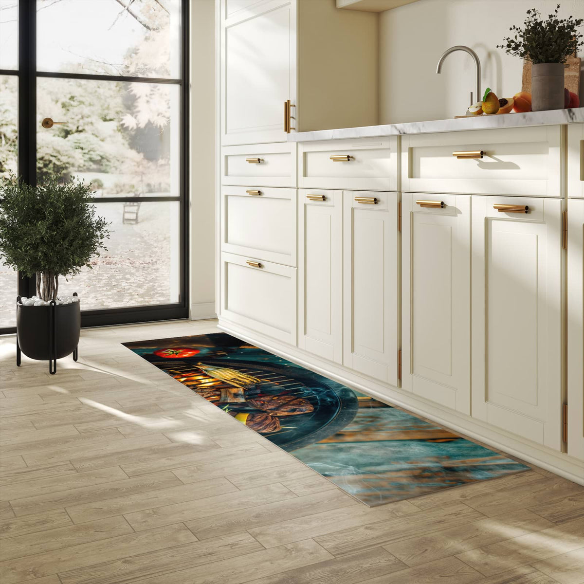 Formstabiler Küchenläufer mit Motiv Sommergrillfest in heller Küche
