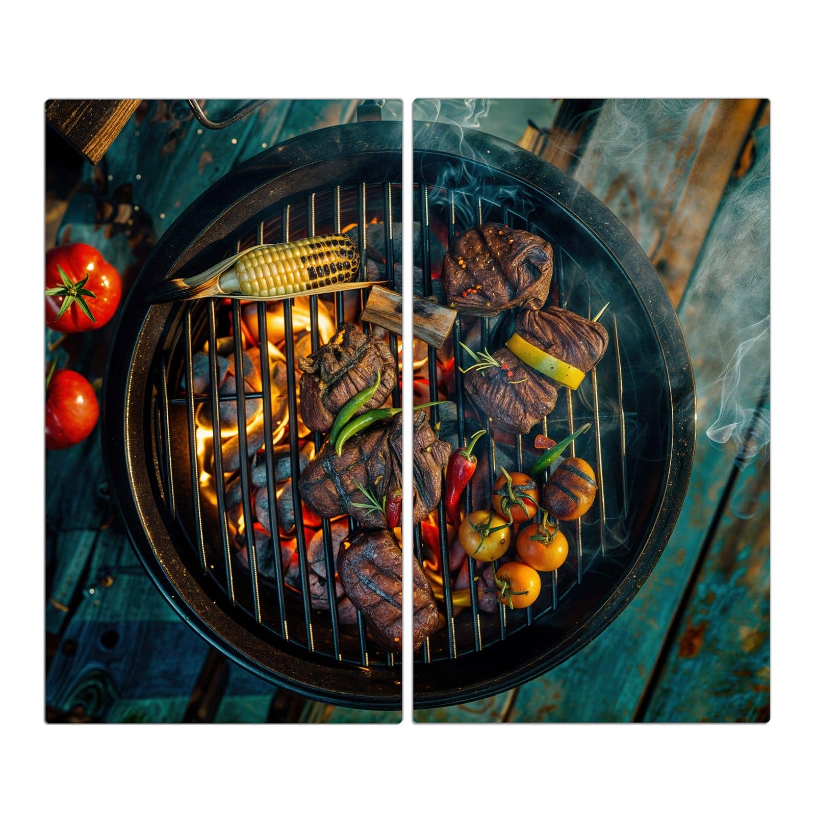 2-teilige Deckplatte aus Glas mit Sommergrillfest-Motiv in der Frontansicht #grösse_2-Teilig (60x52cm)