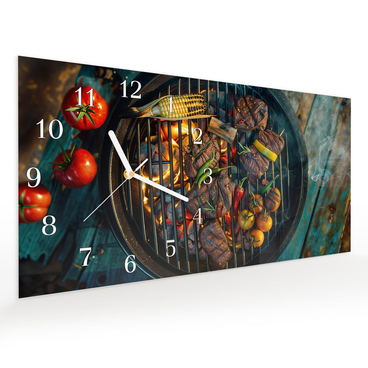 Vormontiert – mit Schwebeeffekt – Wanduhr Sommergrillfest aus Glas – Querformat 60 × 30 cm