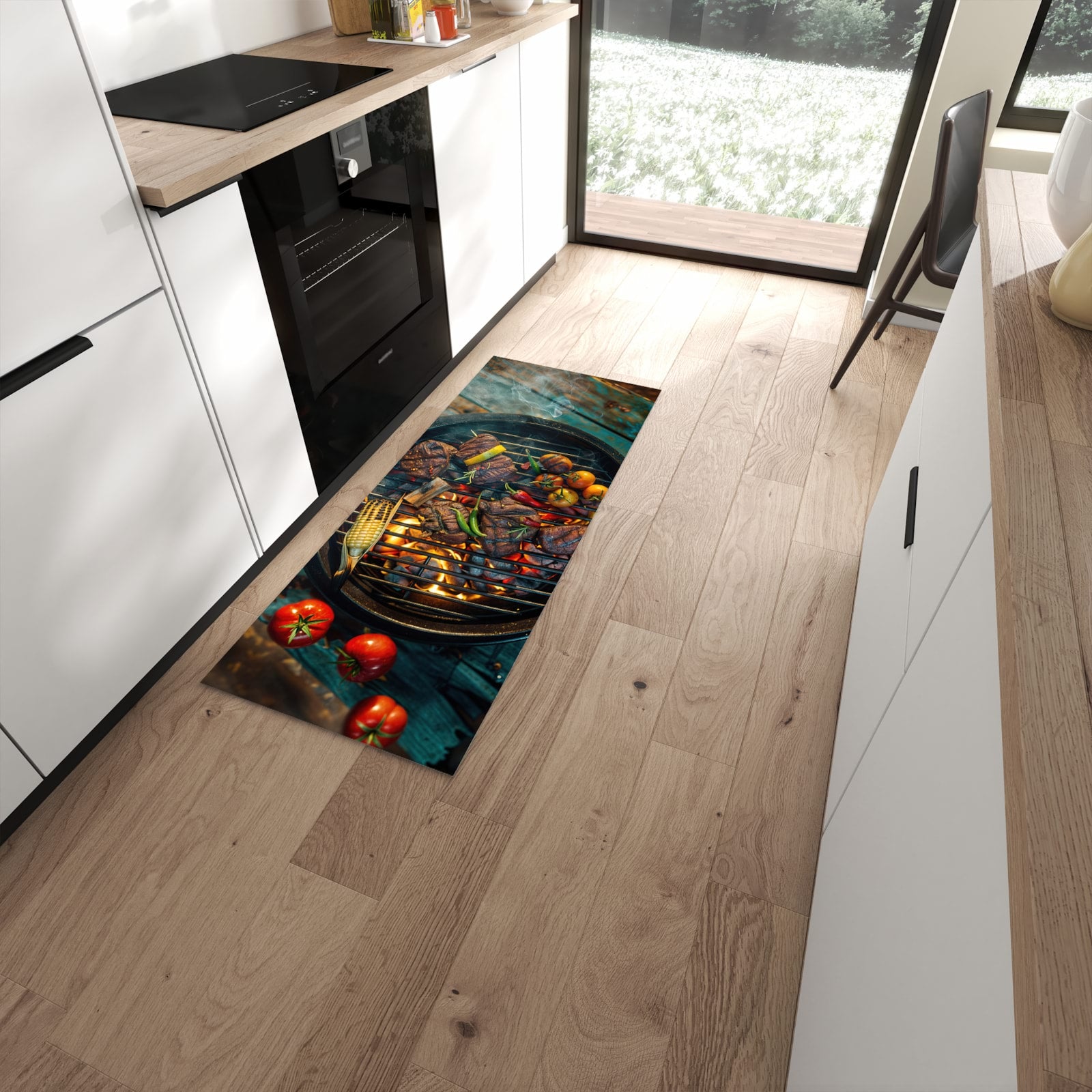 Hygienischer Küchenteppich mit Motiv Sommergrillfest in moderner Küche - waschbar #grösse_60 x 150 cm