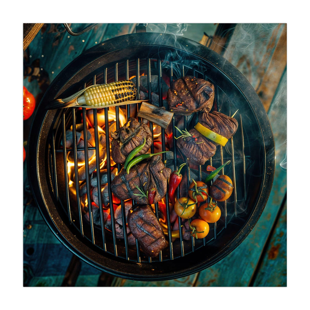 Runder Kugelgrill von oben: Fleischstücke, Maiskolben und Tomaten über glühender Kohle
