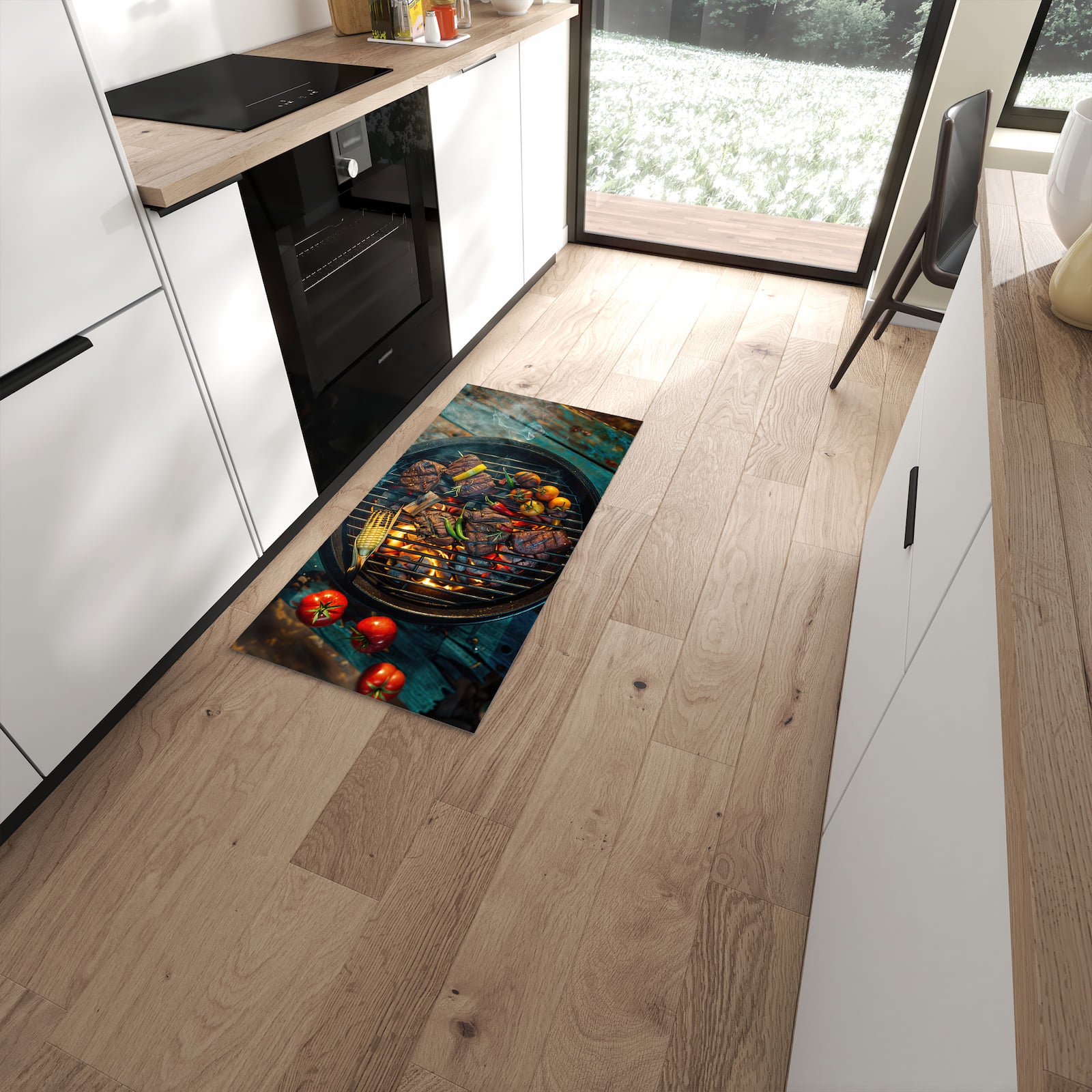 Rutschfester Küchenteppich mit Motiv Sommergrillfest für angenehmes Stehen in moderner Küche #grösse_60 x 120 cm