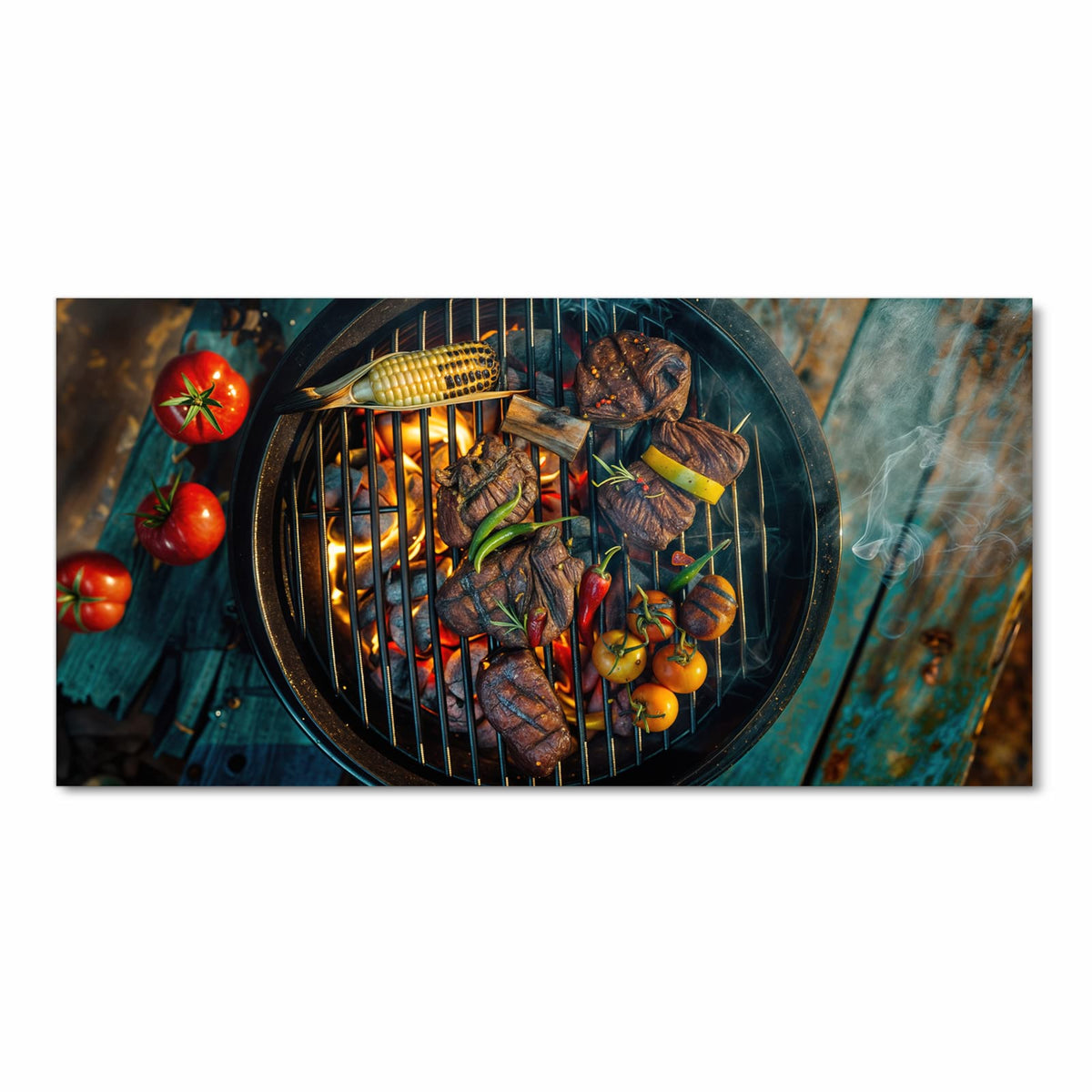 Geräuschdämpfender Küchenteppich mit Motiv Sommergrillfest in Frontansicht