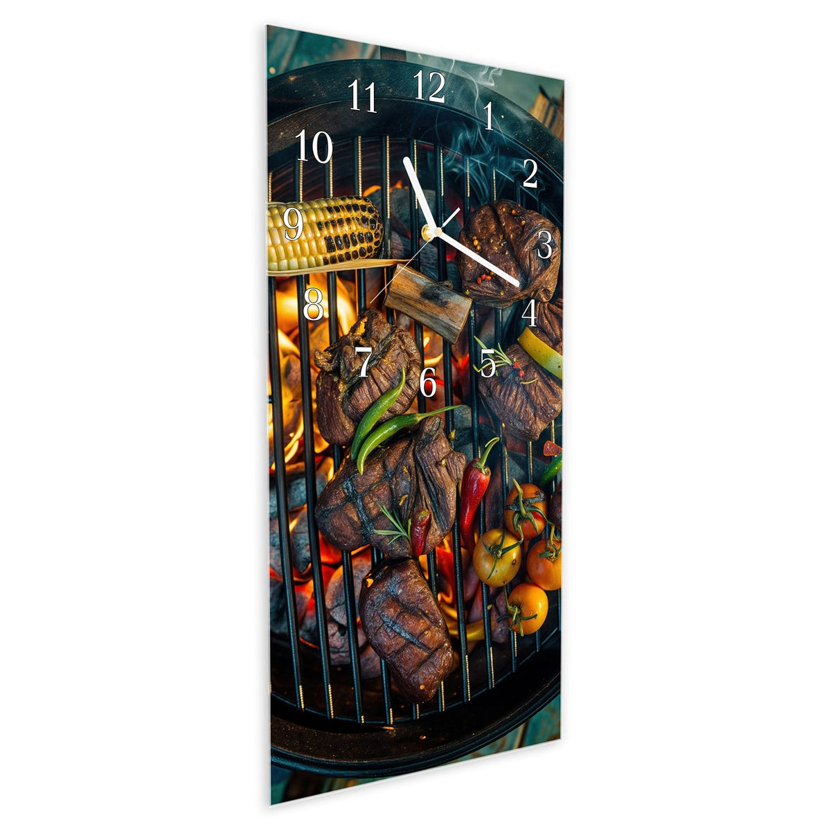 Vormontiert – mit Schwebeeffekt – Wanduhr Sommergrillfest aus Glas – Hochformat 30 × 60 cm