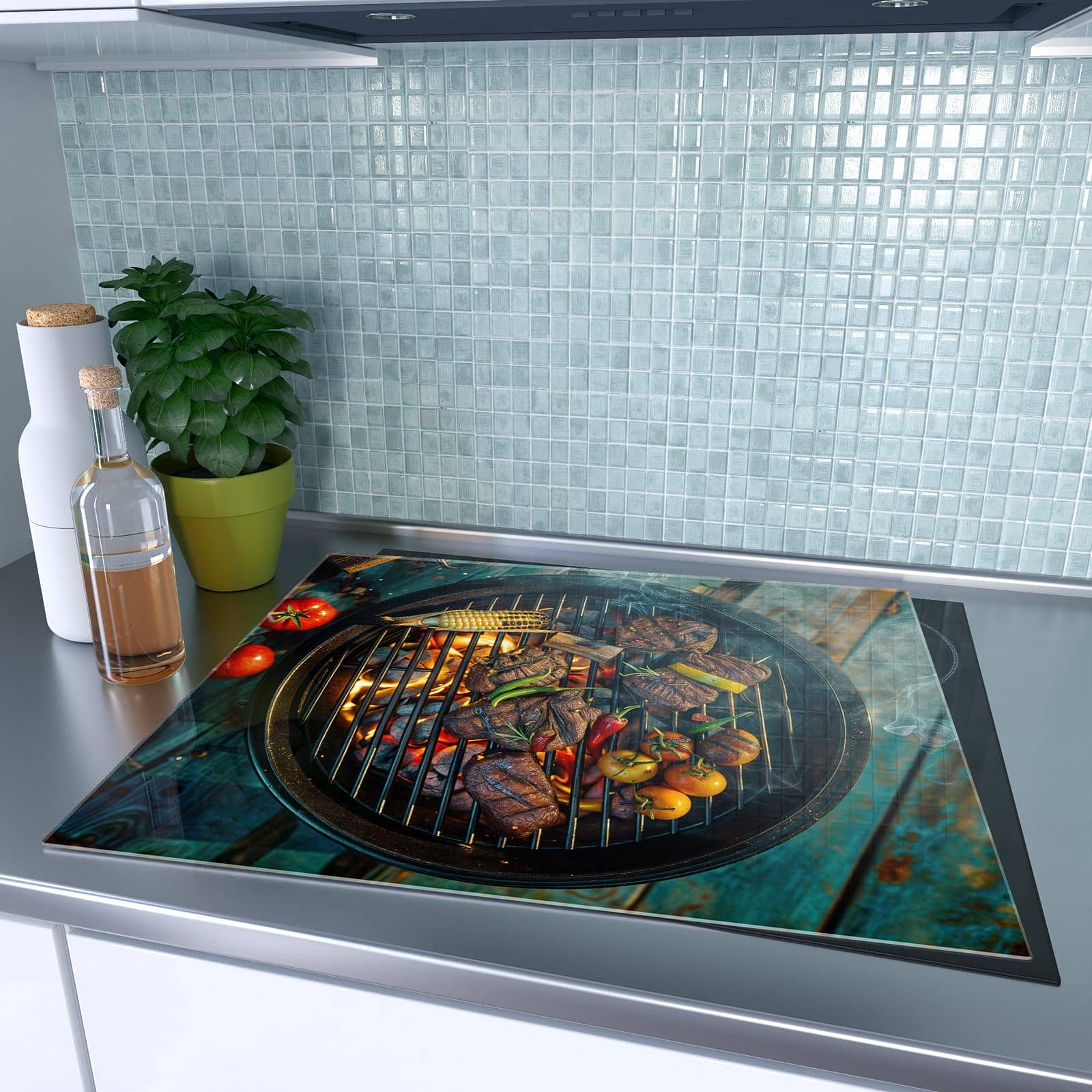 1-teilige Abdeckplatte für Ceranfeld mit Sommergrillfest-Motiv auf dem Ceranfeld