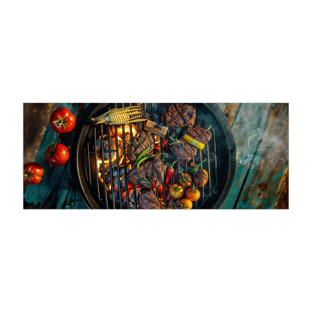 Küchenrückwand aus Glas Sommergrillfest im Hochformat, Motiv bildfüllend von vorn