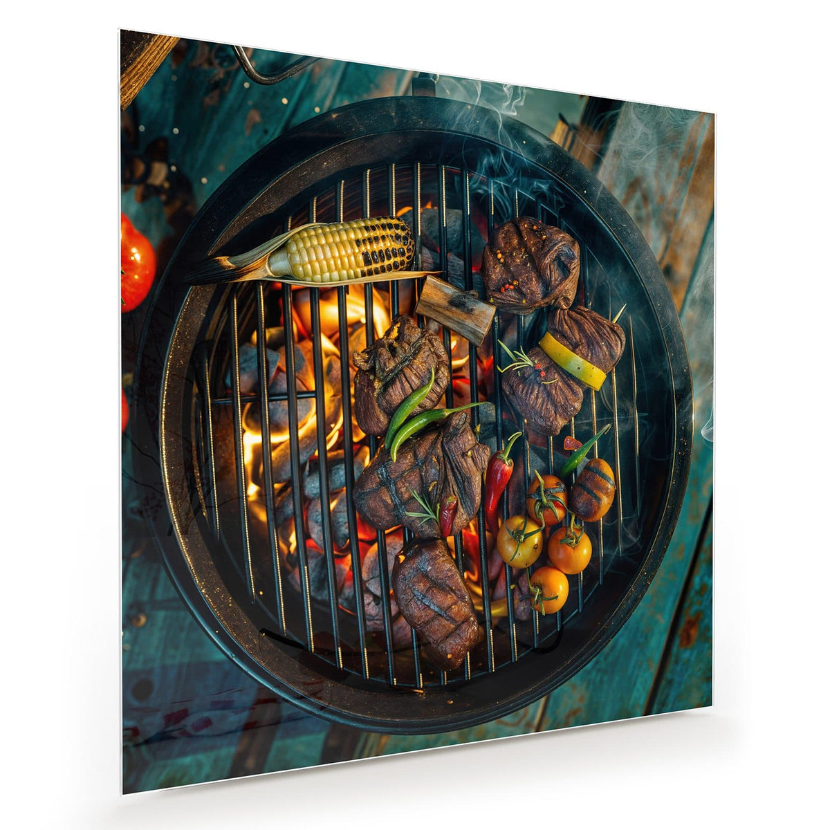 Runder Kugelgrill von oben: Fleischstücke, Maiskolben und Tomaten über glühender Kohle