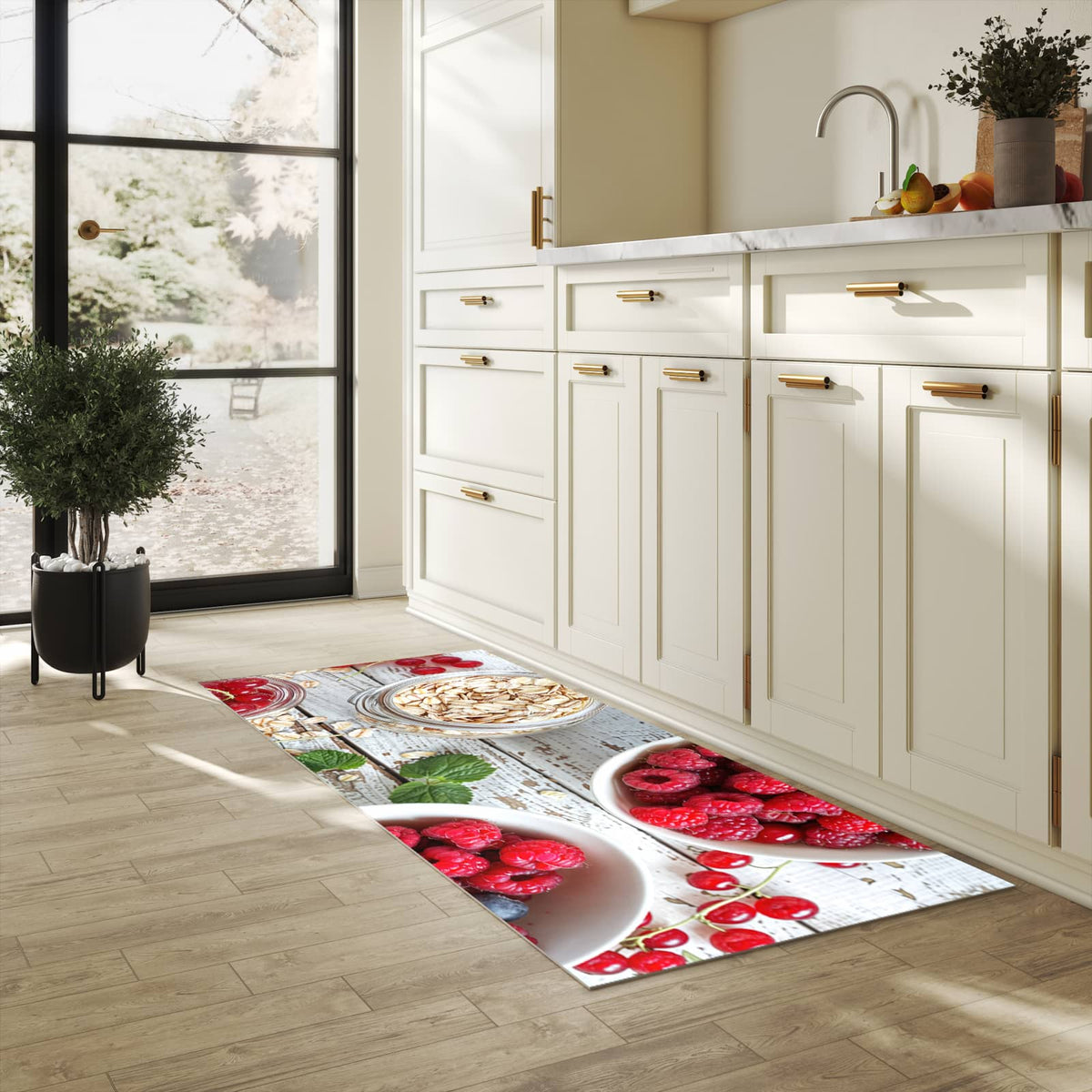 Strapazierfähiger Küchenteppich mit Motiv Himmlische Beeren in heller Küche