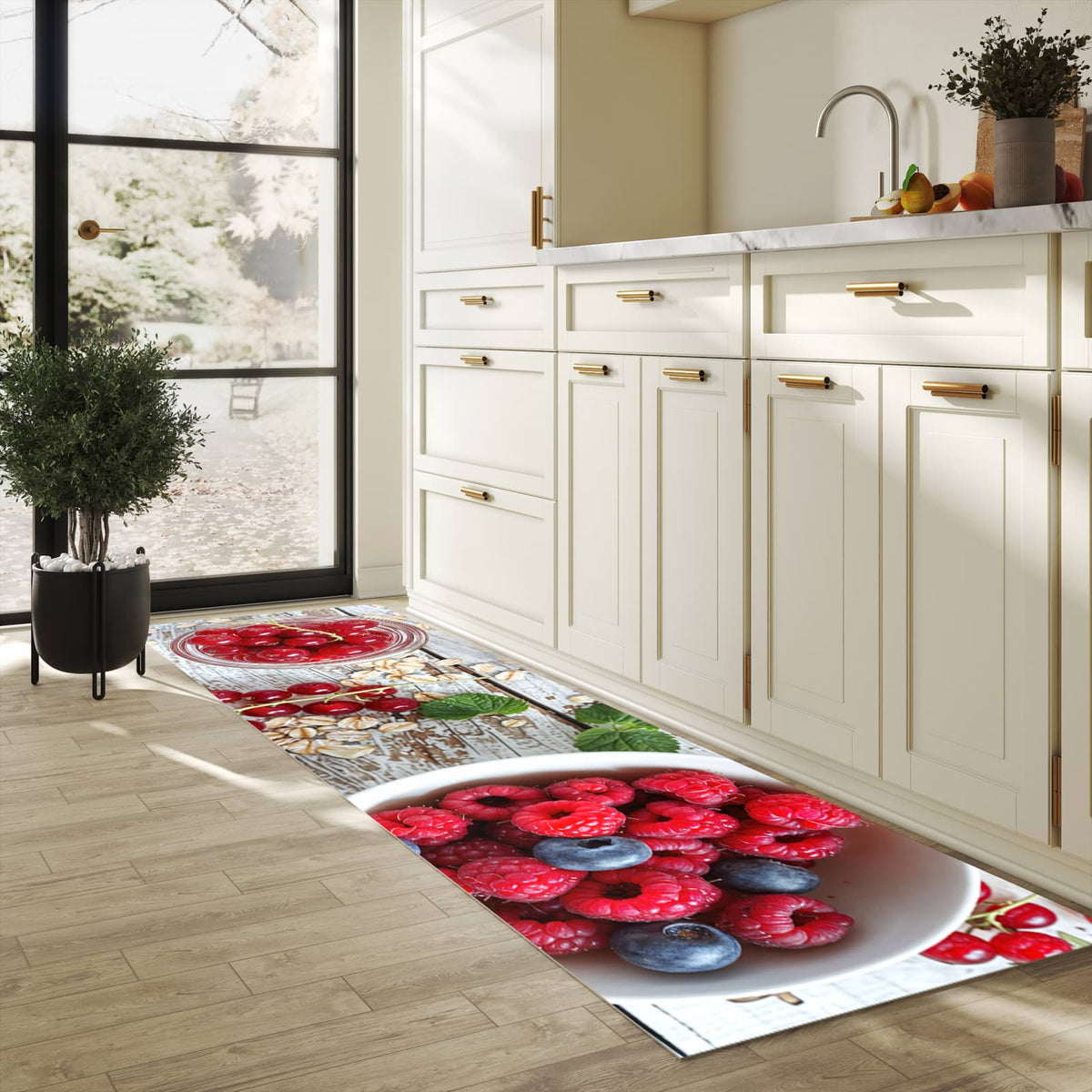 Rutschfester Küchenteppich mit Motiv Himmlische Beeren in heller Küche