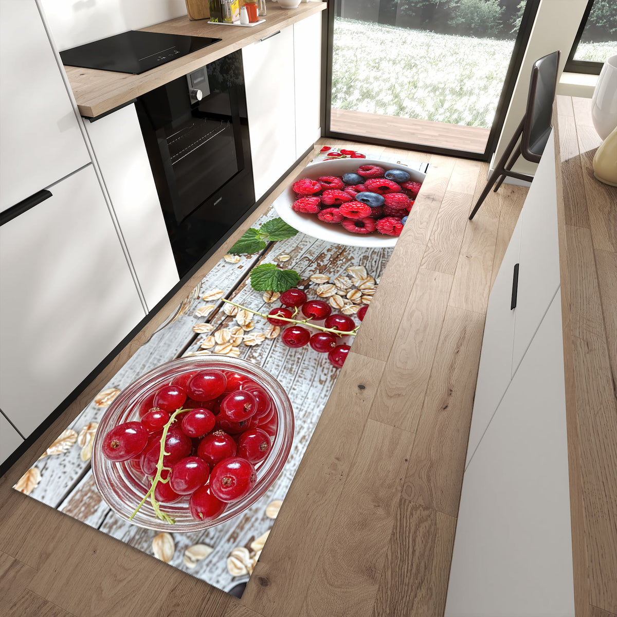 Pflegeleichter Küchenteppich mit Motiv Himmlische Beeren in moderner Küche