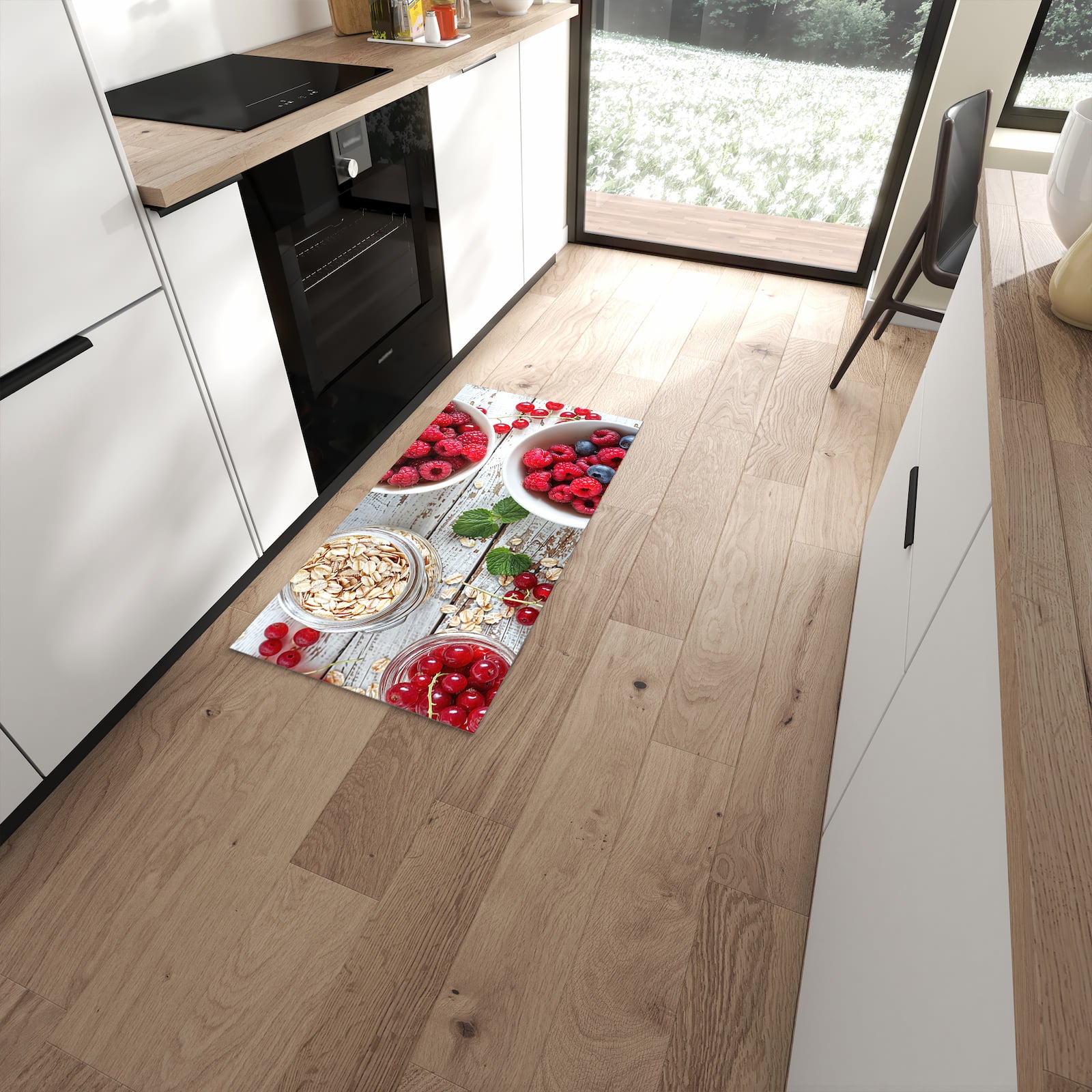 Abriebfester waschbarer Teppich fürs Esszimmer mit Motiv Himmlische Beeren in moderner Küche #grösse_60 x 120 cm
