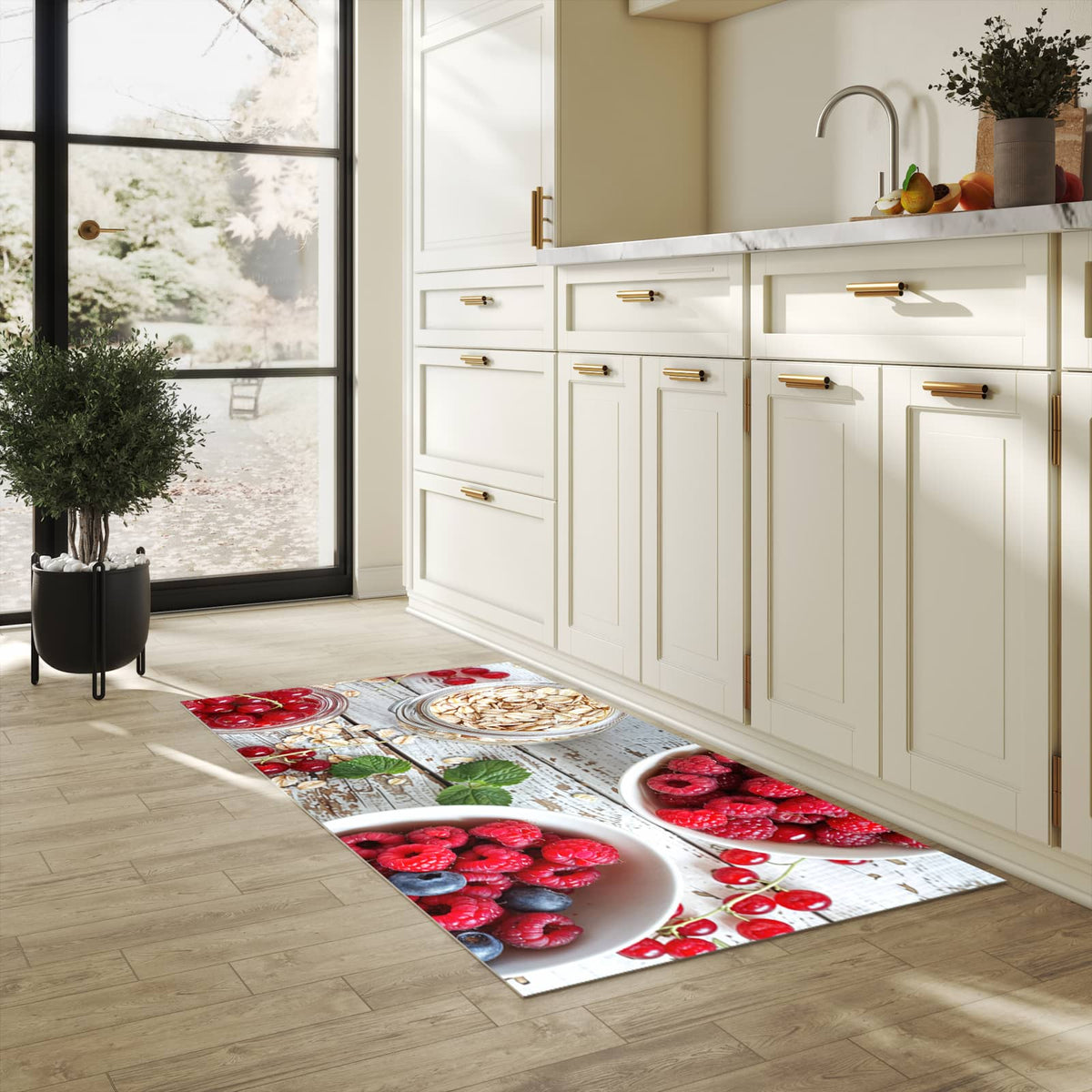 Feuchtigkeitsresistenter Teppich für die Küche mit Motiv Himmlische Beeren in heller Küche