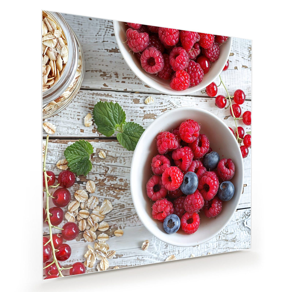 Zwei weiße Schalen mit Himbeeren, Blaubeeren und Johannisbeeren, dazu Haferflocken und Minze auf weißem Holz