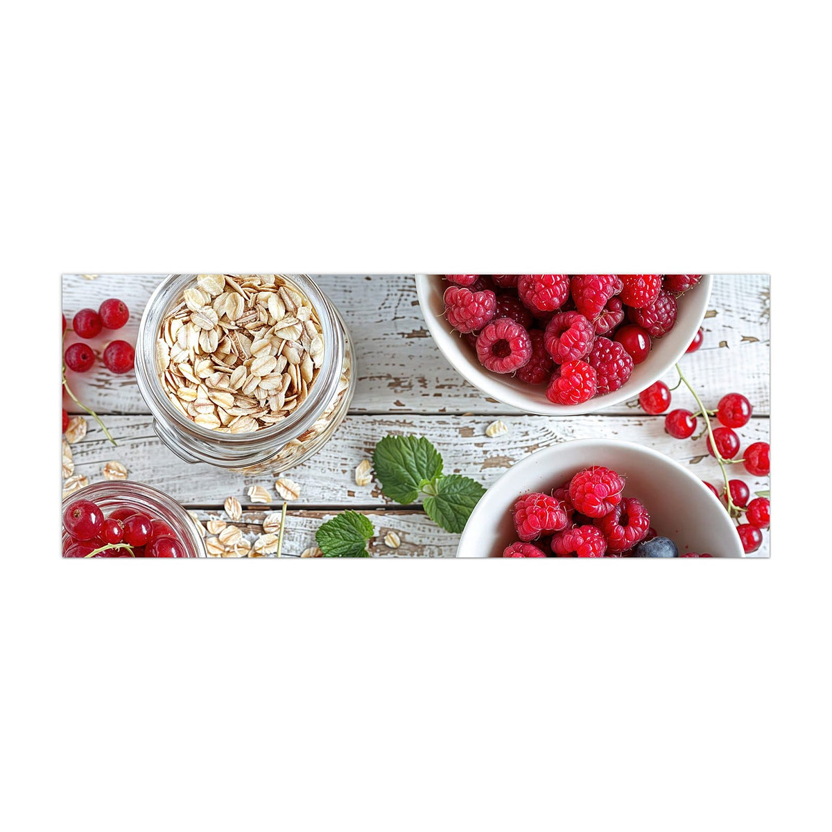 Küchenrückwand aus Glas Beeren und Haferflocken im Hochformat, Motiv bildfüllend von vorn