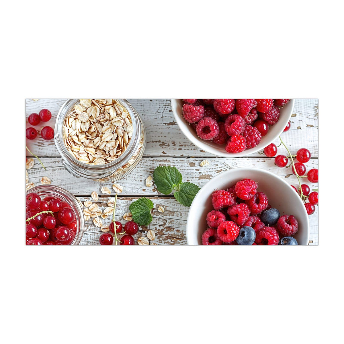 Küchenrückwand aus Glas Beeren und Haferflocken im Hochformat, Motiv bildfüllend von vorn