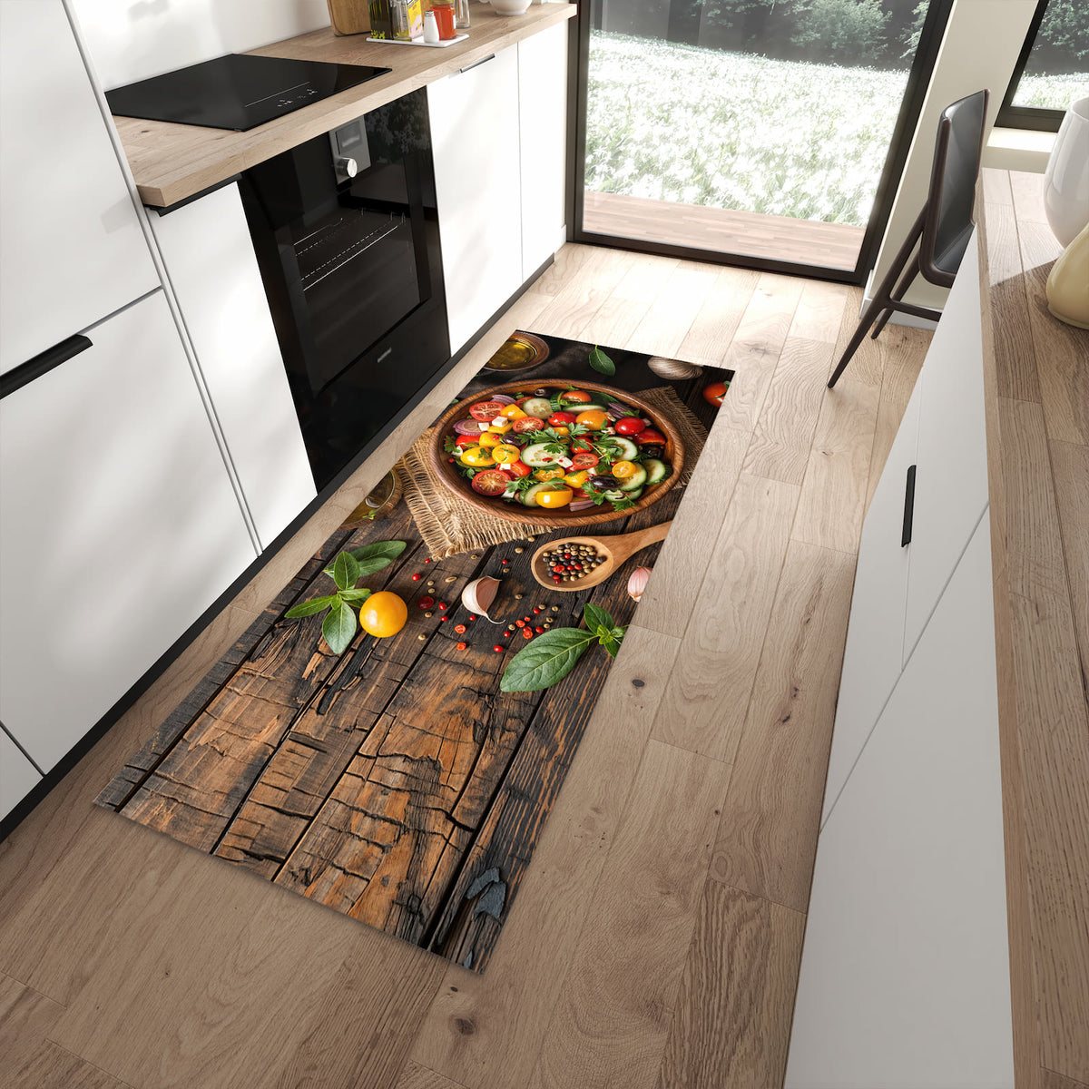 Bodenschonender langer Teppich mit Motiv Frischer Gemüsesalat in moderner Küche