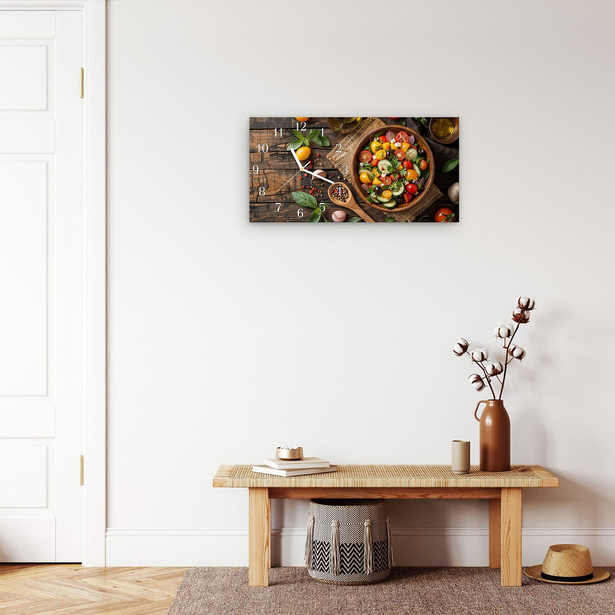 Moderne Wanduhr aus Glas mit Farbtiefe – Wanduhr Frischer Gemüsesalat aus Glas – Querformat 60 × 30 cm
