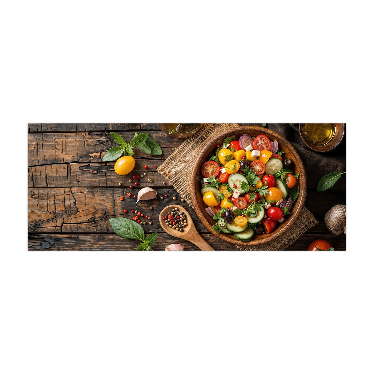 Küchenrückwand aus Glas Salat in der Holzschale im Hochformat, Motiv bildfüllend von vorn