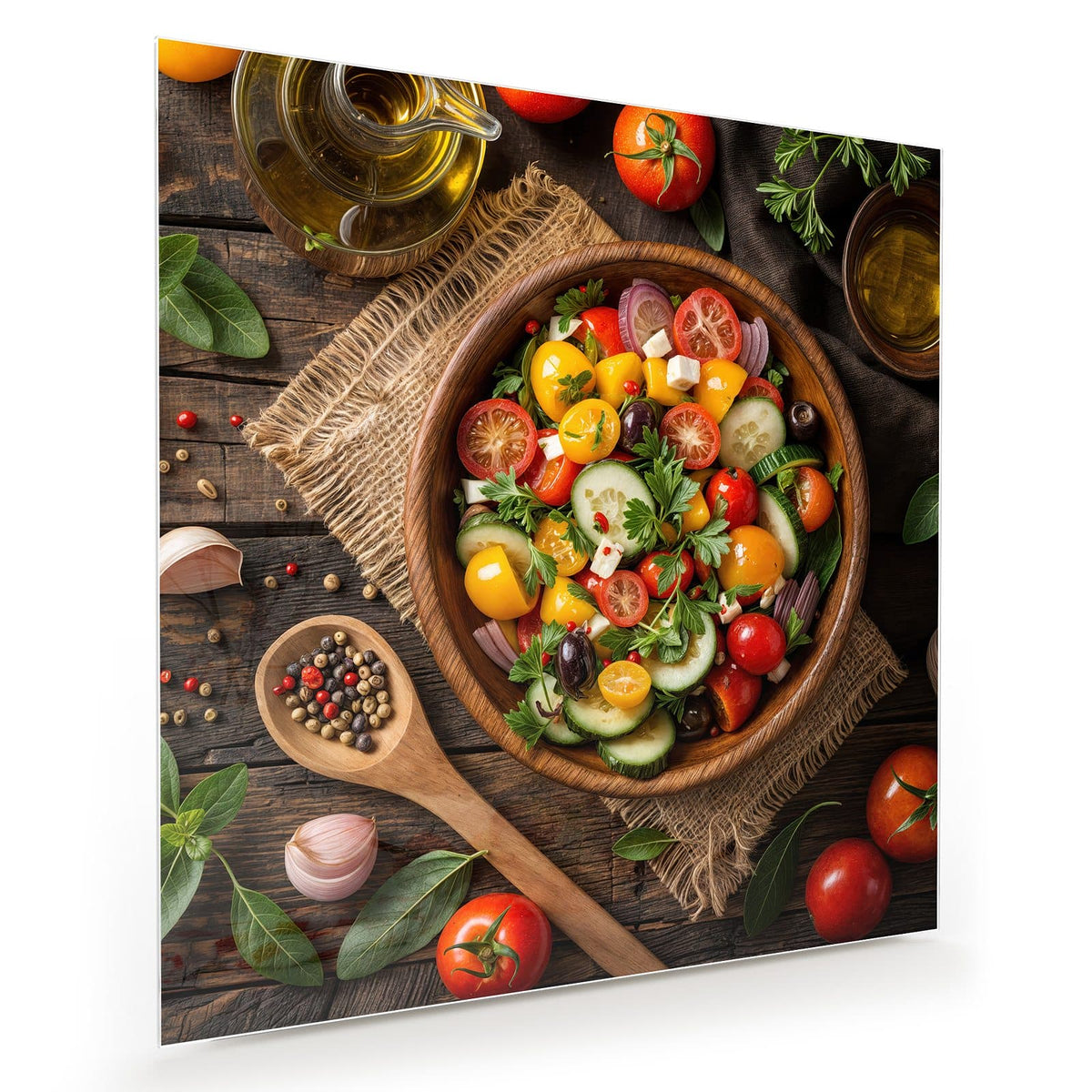 Bunter Gemüsesalat mit Tomaten, Gurke, Paprika und Feta in großer Holzschale, Aufsicht auf rustikalem Holz