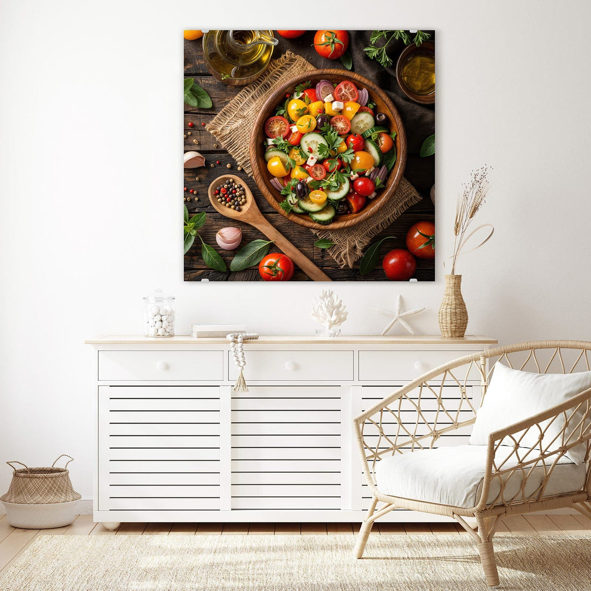 Echtglas, 4 mm – kein Acryl, keine Folie – Wandbild - Salat in der Holzschale - Quadratisch