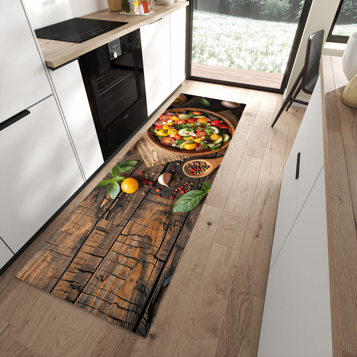 Farbbeständiger Läufer für den Eingangsbereich mit Motiv Frischer Gemüsesalat in moderner Küche